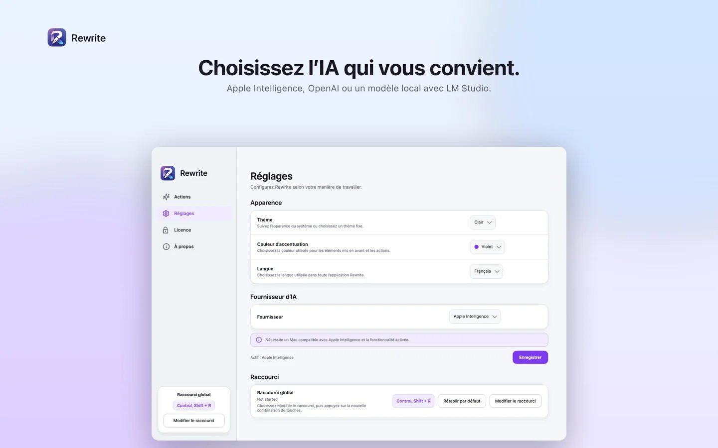 Choix du fournisseur d’IA dans les réglages de Rewrite